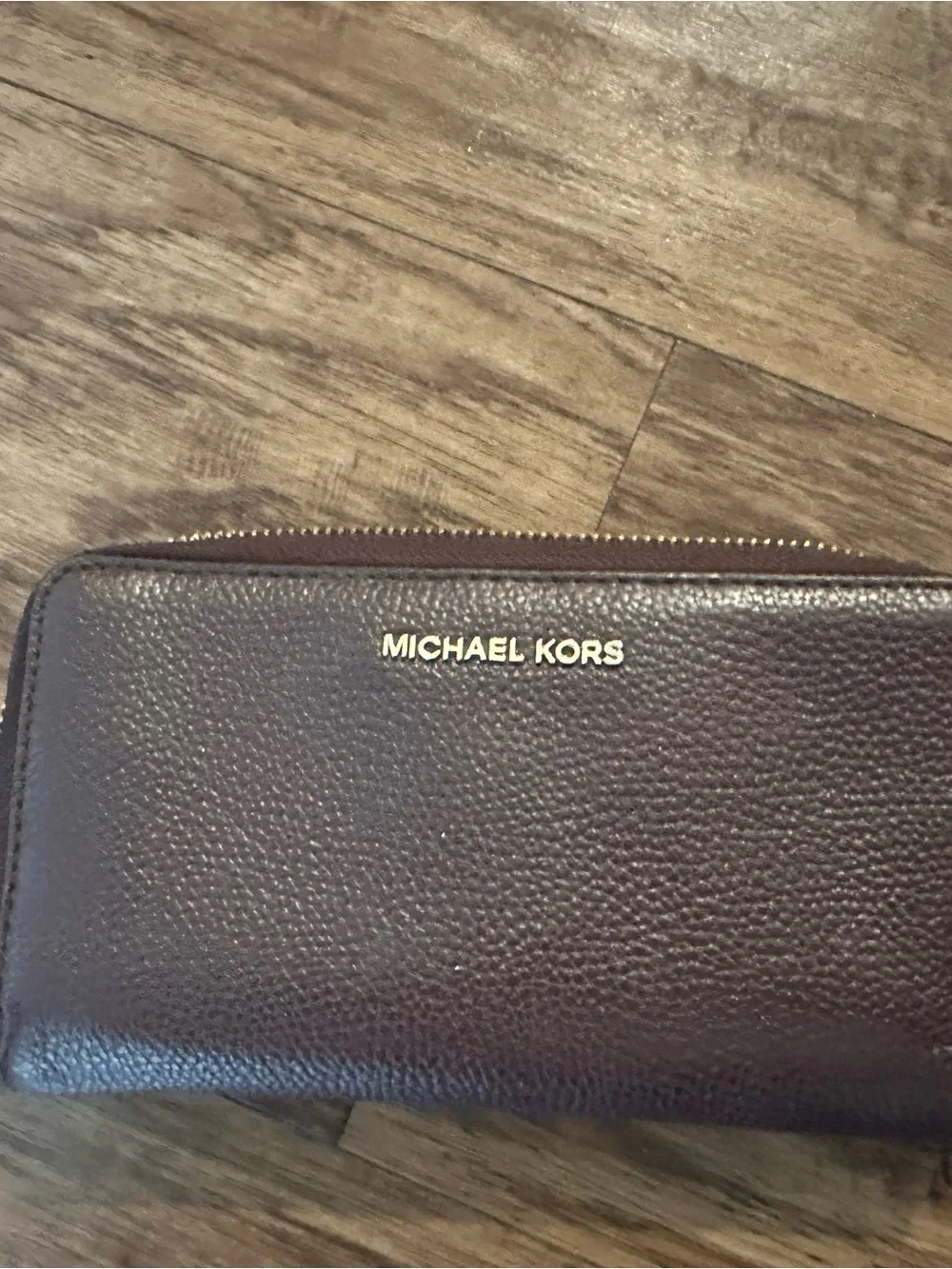 Michael Kors Brown Pebbled Leather Zip Wallet with Gold Logo